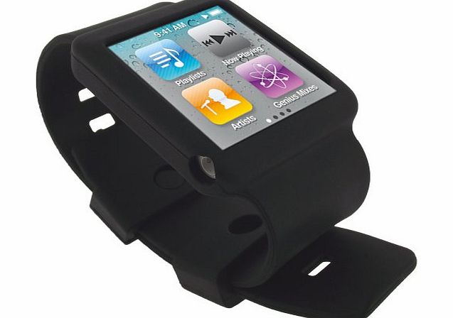 iGadgitz Black Silicone Skin Case Cover Watch Strap for Apple iPod Nano 6th Generation 8gb, 16gb   Screen Protector