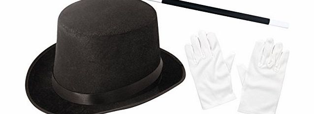 ILOVEFANCYDRESS 3 PIECE MAGICIAN FANCY DRESS SET BLACK TOP HAT   MAGIC WAND   WHITE GLOVES WIZARD ACCESSORY KIT