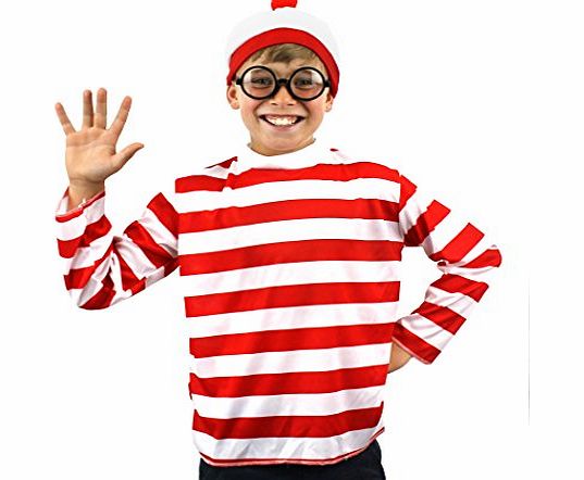 ILOVEFANCYDRESS CHILDS FIND ME FUNNY MAN BOYS GIRLS LONG SLEEVE RED amp; WHITE STRIPE TOP   RED WHITE BOBBLE HAT   BLACK NERD GLASSES FANCY DRESS COSTUME SET SEARCH FOR ME BOOK WEEK (10-12 YEARS)