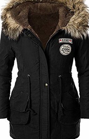 iLoveSIA Womens Winter Warm Military Coat Parka Hooded Trim Fur UK Size 12 Black