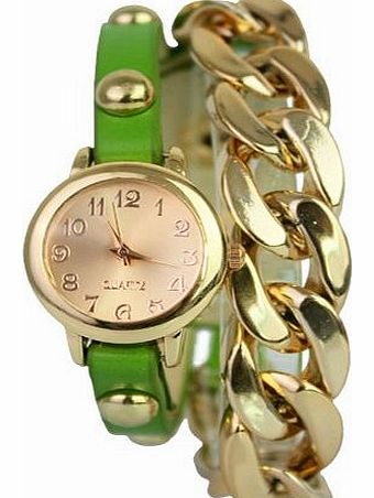 Women Fashion Plating Gold Leather Acrylic Chain Ladies New Watch Wristwatches (Green)