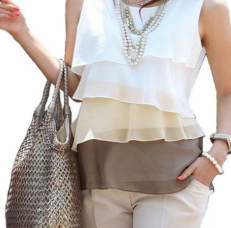 Imixcity Womens Fashion Korean Sleeveless Tiered Chiffon Casual Blouses Tops T shirt (L, Brown)