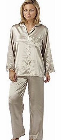 Womens/Ladies Nightwear/Sleepwear Satin Long Sleeve Pyjama Suit With Lace, Mocha 26/28