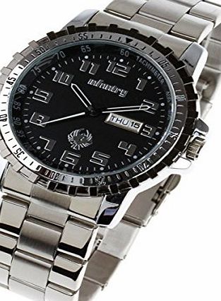 Infantry  Mens Aviator Analogue Wrist Watch Black Sport Bracelet Stainless Steel Strap Day and Date #IN-003-S-S