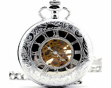Dual Time Display Hollow Skeleton Unisex Pendant Necklace Steel Mechanical Pocket Watch -Gray