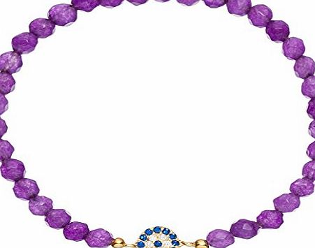 Ingenious Jewellery Amethyst Beaded Bracelet with Sterling Silver Yellow Gold Plated Round Evil Eye Charm of 18.5cm