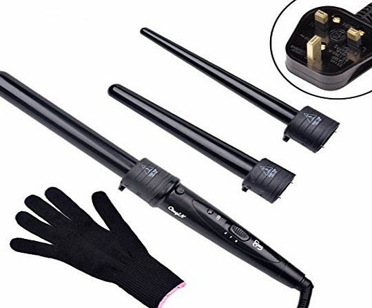 inkint 3-in-1 Multifunction Tourmaline Ceramic Hair Curler Wand Curling Tong Interchangeable Adjustable Temperature Hair Styling Roller Iron with Anti-scald Glove - Standard UK Plug