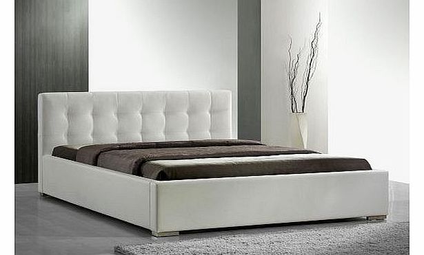 Cool faux leather sleigh bed in colour white sizes: 63x79 in (160x200cm) double beds frames upholstered bedsteads designs with headbord, slatted bed and legs in stock