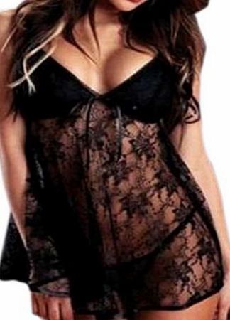 Intimates21 - Sexy Valentines Lingerie Black Lace Sheer Babydoll /w Lightly Cups 2PCS (XL)
