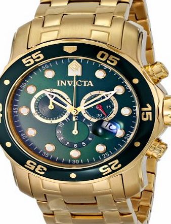 Invicta Pro Diver Mens Quartz Watch with Green Dial Chronograph Display and Stainless Steel Gold Plated Bracelet in Gold Plated Stainless Steel Case 0075