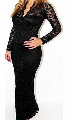 Ladies Womens Long Sleeve Evening Party Cocktail Lace Wrap Dress V-neck,Sexy Floral Lace See-through Back,Maxi Bodycon Formal Dress,Black and White