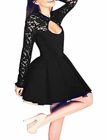 ISASSY Womens Sexy Floral Lace Long Sleeve Backless Evening Party Bodycon Mini Dress