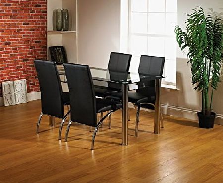 Italian Furniture Co Ltd Kingston Dining Set 4 Seater Glass Dining Table and 4 Faux Leather Chairs - Black - 4 Person Dining Set - 4 Dining Chairs