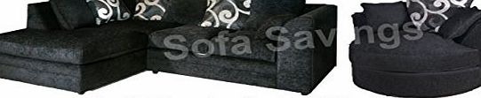 Jackson Chenille New Jackson Chenille Corner Sofa With Scatter Cushions Black (Left Hand   Swivel Chair)