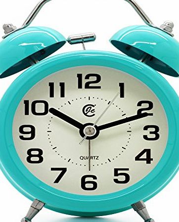 JCC 3`` Retro Twin Bell Quiet Silent Non Ticking Sweep Second Hand Bedside Analog Quartz Alarm Clock with Nightlight and Loud Alarm - Battery Operated(Turquoise)