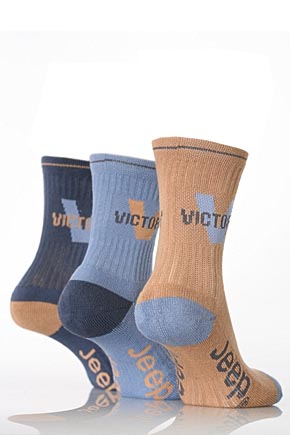 Boys 3 Pair Jeep Victory Cushion Foot Socks Blue and Beige