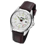 white dial date brown strap watch
