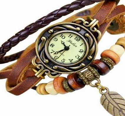 JewelTime Coffee / Brown Vintage Style Quartz Cool Weave Wrap Around Leather Bracelet with Antique Style Leaf Lady Woman Wrist Watch