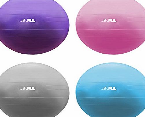 JLL Anti-Burst Fitness ball, 65cm diameter, Eco friendly with no smell, Foot Air Pump included, Boxed product - Purple / Blue/ Pink / Silver (Blue)