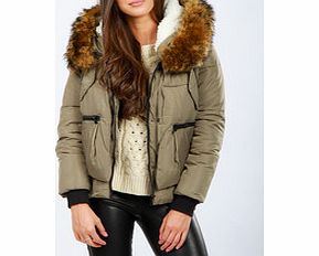 Khaki quilted and faux fur short jacket