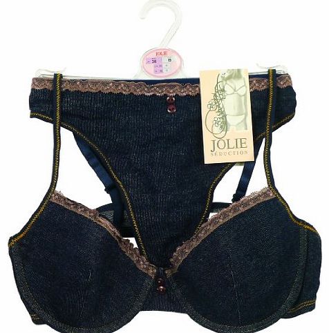 Womens Lingerie Denim Look Bra & Thong Set Ladies Sizes from 34B to 38D