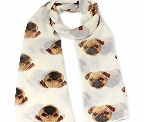 Ladies Girls Pug Dog Puppy Pugs Scarf Neck Wrap Shawl by Joy To Wear (Cream)