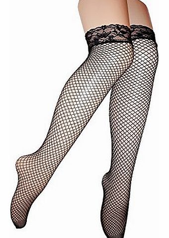 joy workshop Ladies Sexy Fun Fishnet Over Knee Socks Suspender Stockings Hold Ups with Stretchy Lace Top Size 6-12 (black)