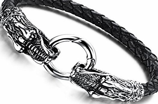 Jstyle Jewellery Mens Leather Stainless Steel Bracelet Dragon Head Clasp, Colour Black Silver