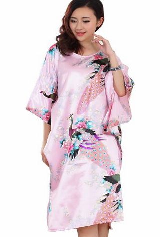 JTC Chinese Silk Peacock Ladies Lingerie Robe Dressing Gown Nightwear Womens Clothing Sleepwear Nightdress (Pink)