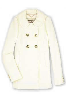 Ivory double-breasted textured wool coat with gold button fastenings.