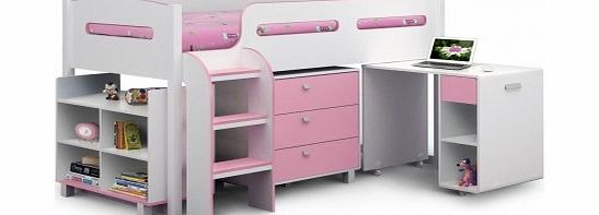 Julian Bowen Kimbo White amp; Pink Cabin Bed with Drawers, Shelf amp; Desk