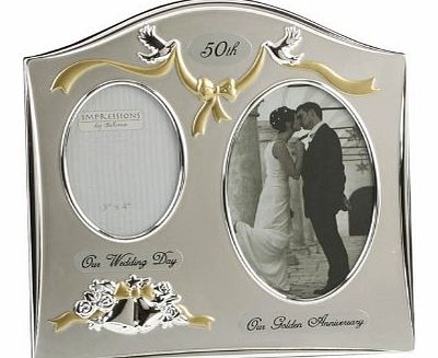 Two Tone Silverplated Wedding Anniversary Gift Photo Frame - ``50th Golden Anniversary``