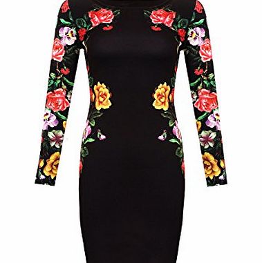 Juliets Kiss Womens Celeb Jessica Floral Print Bodycon Long Sleeve Midi Dress (S/M (8/10 UK ), Black - Floral Bodycon Dress)
