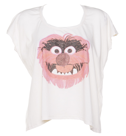 Ladies White Cropped Animal Face Muppets T-Shirt