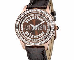 Gold-tone crystal and leather strap watch