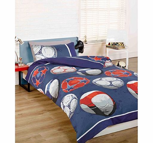 BOYS FOOTBALL DUVET COVER - Kids Quilt Cover Cotton Rich Bedding Bed Set Blue ( Black Red Grey ) Single Duvet Cover ( Childrens Bedroom )