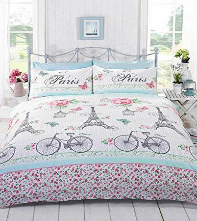 Just Contempo FRENCH CHIC PARIS DUVET COVER - Girls White Green Duck Egg Blue Pink Bedding Set Pink ( White Duck Egg Blue Green ) Double