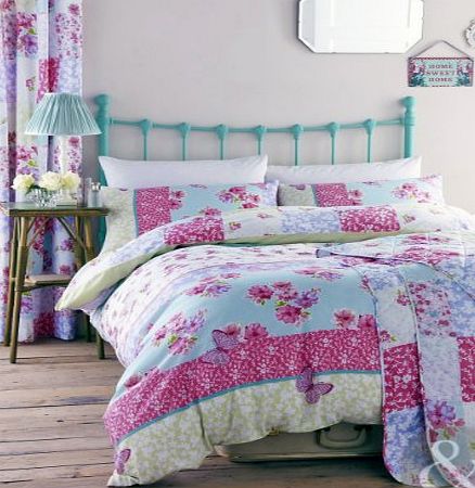 Just Contempo Patchwork Floral Chic Duvet Quilt Cover - Girls Duck Egg Blue amp; Pink Bedding Set Single Duvet Cover ( girls kids )