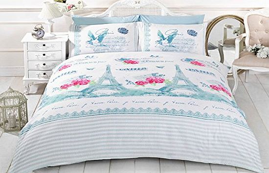 Just Contempo SHABBY CHIC PARIS DUVET COVER - Eiffel Tower Rose White Pink Teal Blue Bed Set Teal ( White Pink Blue ) Single Duvet Cover ( Girls Bedroom )