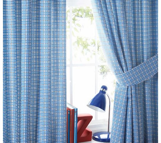 Cheeky Check Pencil Pleat Lined Curtains & Tie Backs, Blue, 168 x 183 Cm