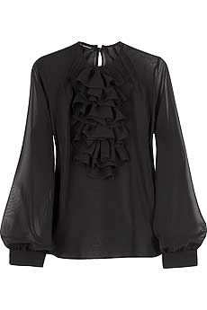 Black silk blend blouse with a large ruffle at the front.