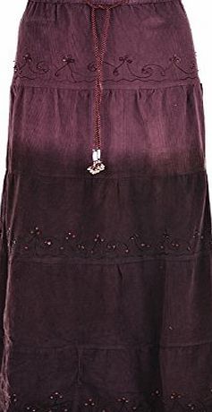 Kentex Online Womens Long Gypsy Maxi Skirts Designer Crushed Velvet With Sequins and Jacquard Print Embroidered Ladies Skirt (Medium 30`` to 32`` waist (not suitable for size 8-10), wine)