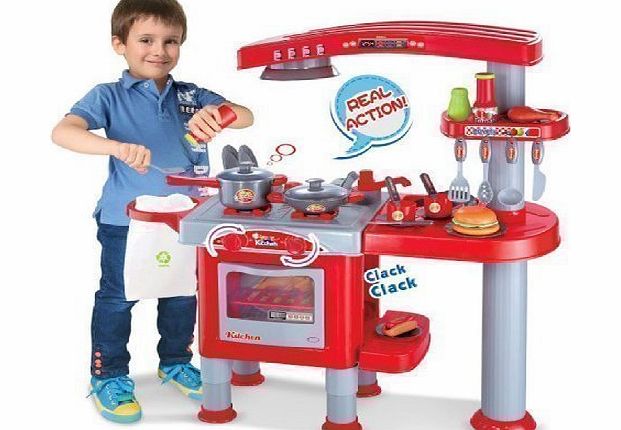 Kitchen Set TODDLER KIDS PRETEND KITCHEN PLAYSET ROLE PLAY FOOD COOKER PANS TOY XMAS GIFT (RED amp; GREY)