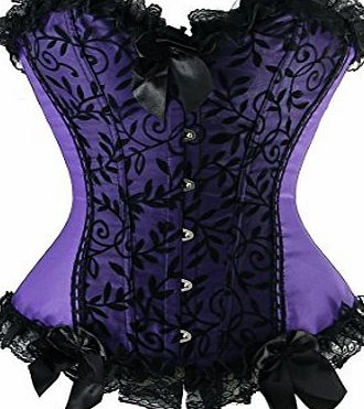 Kiwi-Rata Womens Brocade Satin Gothic boned Lace up Corset G-string Purple,L