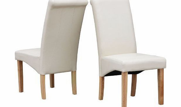 KMS FoxHunter Furniture Set of 4 Premium Cream Faux Leather Dining Chairs Roll Top Scroll High Back with Solid Wood Legs Foam Padded Seat Contemporary Modern Look