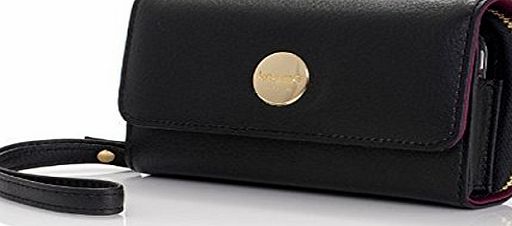 Knomo Luxurious Genuine Leather Purse with Pocket for Mobile Phone, MP3 Player, Earphones, Compact Mirror, Make-Up, Stationery, Notepad and Pencil or Tobacco and Papers - Black