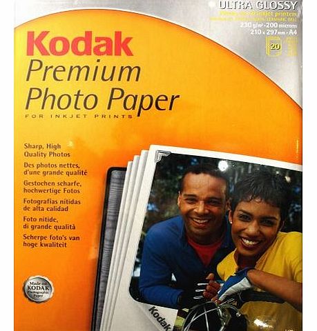 Kodak Premium Photo Paper for Inkjet Printers - Ultra Glossy, 210x297mm, 230gsm - 20 Sheets