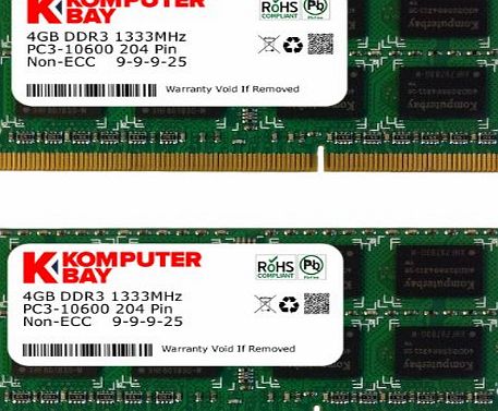 8GB (2x 4GB) DDR3 SODIMM (204 pin) 1333Mhz PC3-10600 (9-9-9-25) Laptop Notebook Memory for Apple Macbook Pro