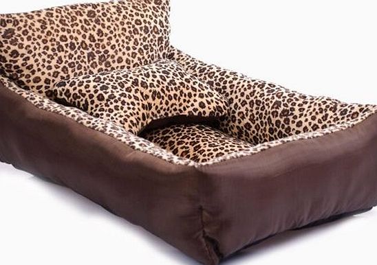 Kondrao Fashion Natural Leopard Short Plush Medium or Small Pets Bed with Backrest Medium Dog Sofa Bed Brown (L)
