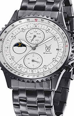 Konigswerk Mens Multifunction Black Metal Bracelet Watch White Dial Crystal Markers SQ201442GNP